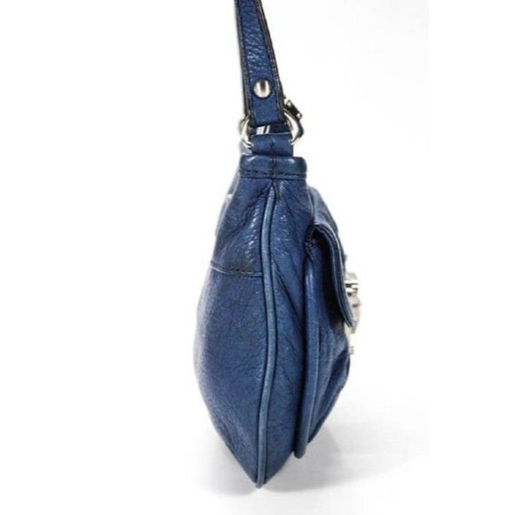B Makowsky Denim Blue and Leather Crossbody With Bold Chrome Accents - Picture 2 of 12
